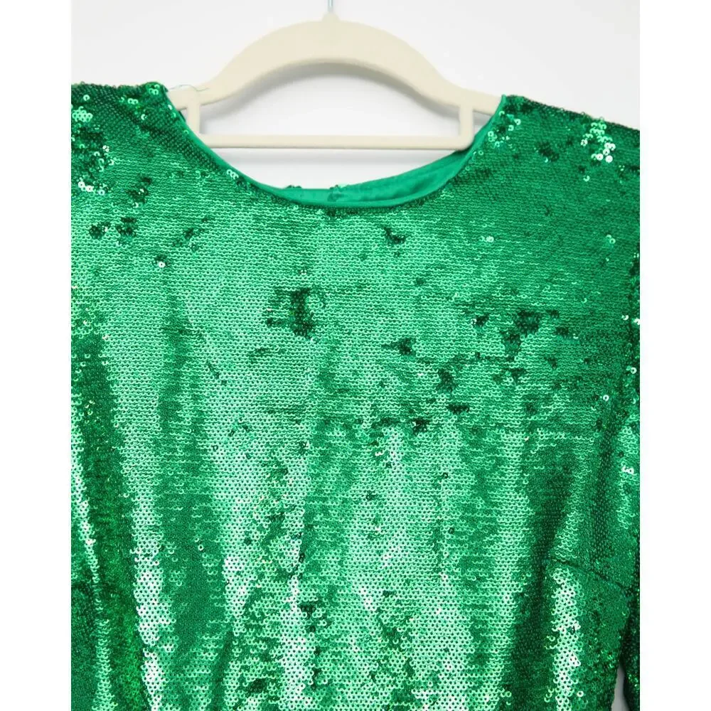 Bardot sequin-embellished padded-shoulder mini dress in Green Size XS